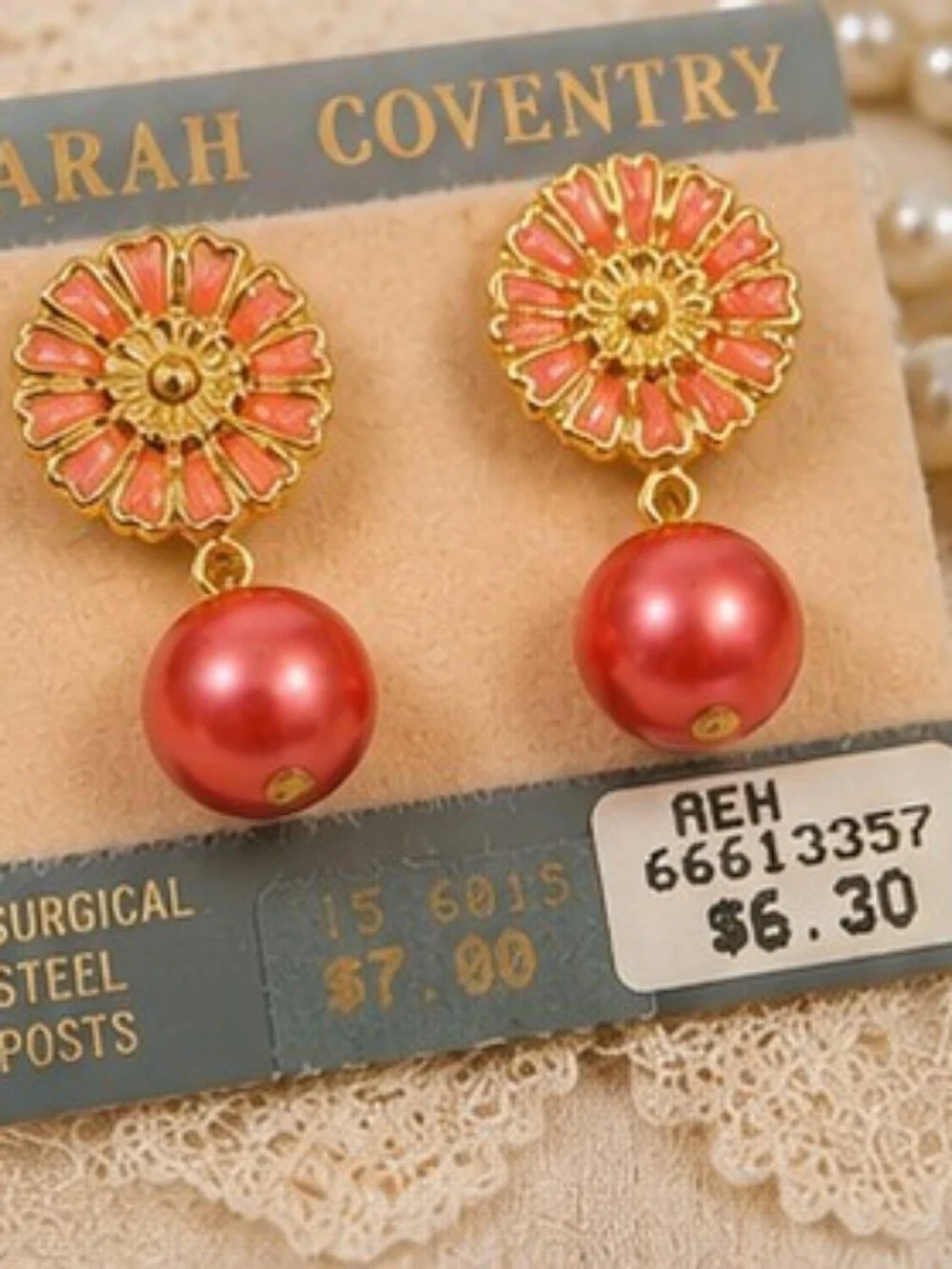 Vintage Sarah Coventry Pink Enamel Floral Pearl Drop Earrings NOS